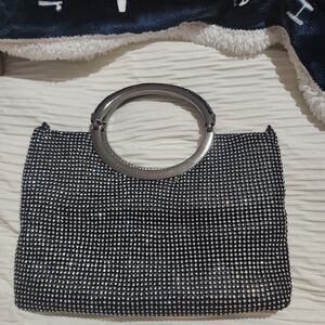 Black Rhinestone Evening Clutch with Silver Handle And Second Longer Strap